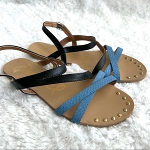 Qupid Strappy Snakeskin Blue Black Gold Stud Sandal